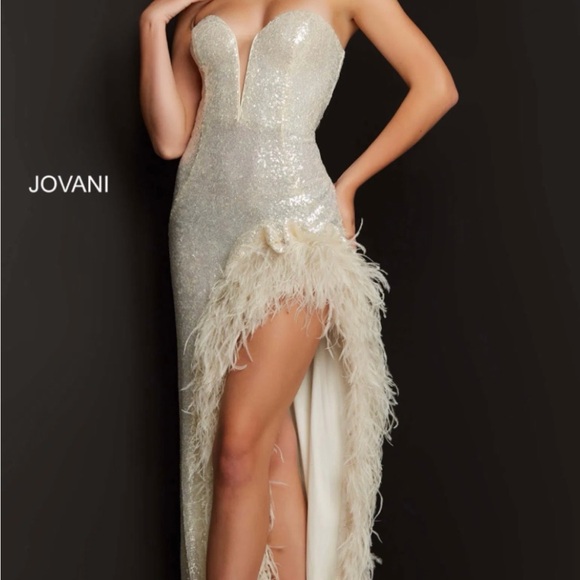 Jovani Dresses & Skirts - Jovani Glittering Strapless Gown with Feather Accent